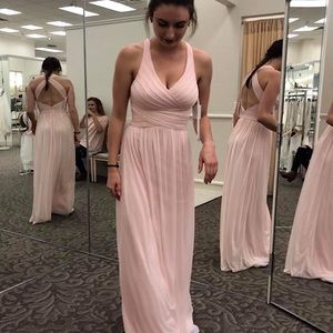 David’s Bridal mesh long bridesmaid dress with crisscross back ballet colour